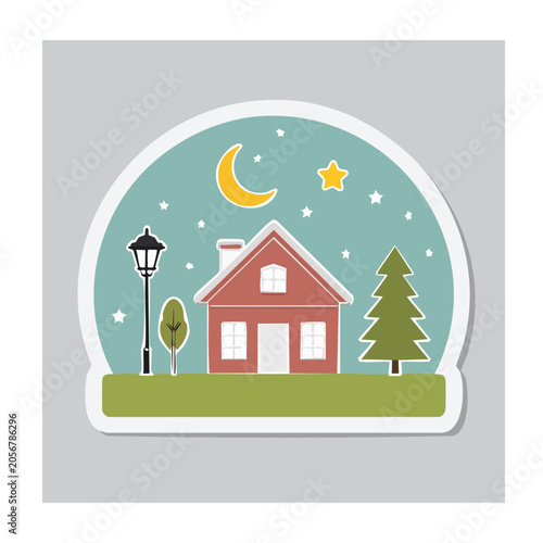 Flat design house with moon and stars at night