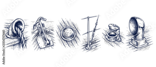 Valokuva Nautical ship deck equipment illustrations set featuring vintage anchor, rope ha