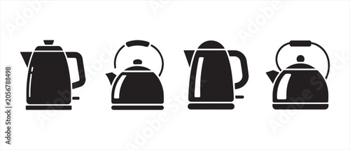 Set of black kettle icons for kitchen appliances and tea preparation in a minimalist flat style.