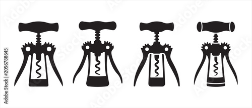 Bild auf Leinwand Set of black wine corkscrew silhouettes isolated on a white background in a minimalist graphic style