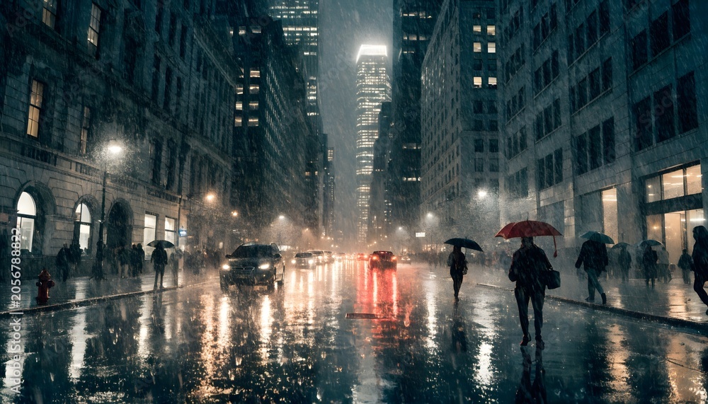 Fototapeta premium People walking with umbrellas in a busy city at night