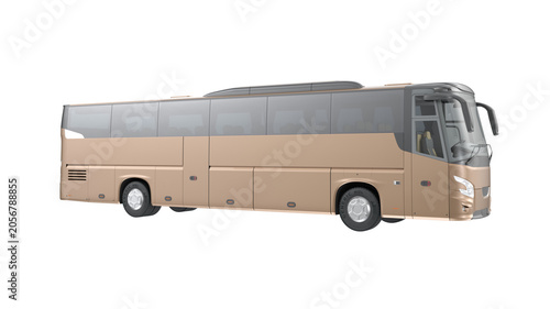 Modern luxury coach bus for long-distance travel, contemporary beige tour bus 3D render isolated on transparent png background.