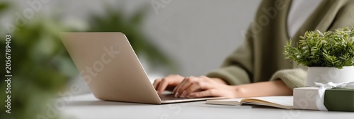 A woman is typing on a laptop in front of a potted plant