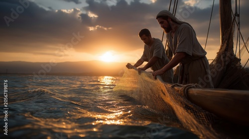 Peter and John draw in overflowing nets at dawn on the Sea of Galilee, illustrating how faithful perseverance and obedience can turn ordinary labor into a testimony of God’s abundant provision.
