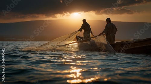 At dawn on the Sea of Galilee, Peter and John haul overflowing nets through shimmering water, revealing how faithful labor and trust in God can lead to unexpected abundance and blessing.
