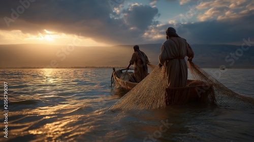 At dawn on the Sea of Galilee, Peter and John haul overflowing nets through shimmering water, revealing how faithful labor and trust in God can lead to unexpected abundance and blessing.