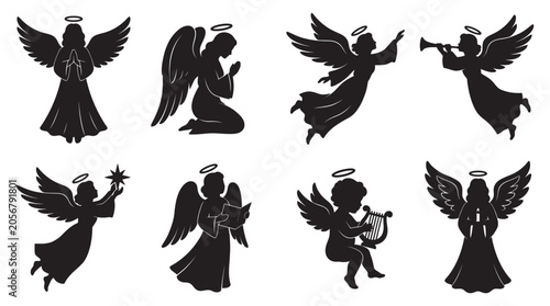 Obraz na plátně Collection Of Angel Silhouettes In Various Poses Black And White Silhouette