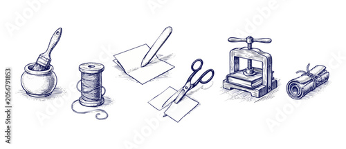 Bookbinding tool vintage engraving set showing bookmaking process with paper press, thread spool, glue pot, bone folder, scissors and scroll icon illustrations for creative craft and publishing works.