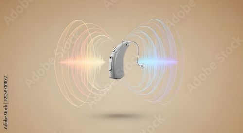 Modern digital hearing aid with sound wave visualization, medical device for hearing loss, electronic ear amplifier with audio frequency waves