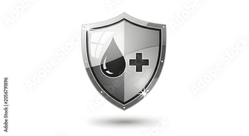 Metallic silver shield with oil drop and plus sign, chrome security emblem for engine protection, industrial lubricant defense icon on white background