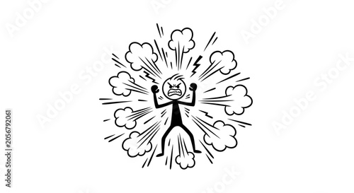Fotografija Exploding Angry Stick Figure with Lightning and Smoke, Isolated White Background
