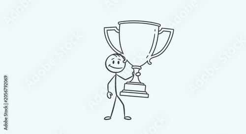 Foto Happy Stick Figure Celebrating with a Trophy on a Light Blue Background