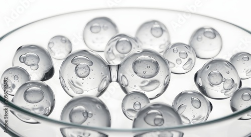 Transparent hydrogel spheres in petri dish, clear liquid collagen beads for cosmetic research, scientific laboratory glass with water gel capsules