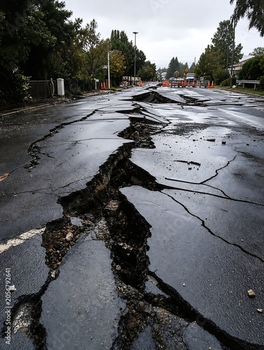Cracked asphalt road with puddles in parking lot road damage