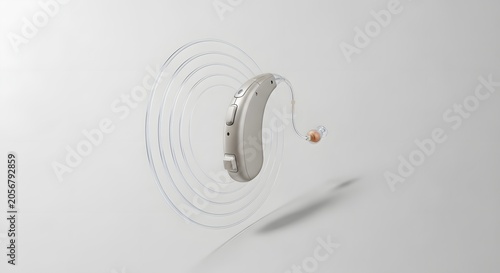 Modern digital hearing aid with sound wave ripples, professional audiology medical device, assistive technology for hearing loss and deafness