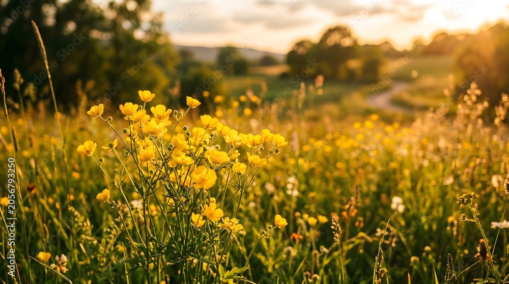 Obraz premium Beautiful yellow wildflowers blooming in a summer field during a warm golden sunset in the countryside