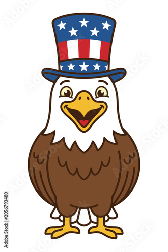 Cartoon bald eagle wearing a tall uncle sam hat for independence day.