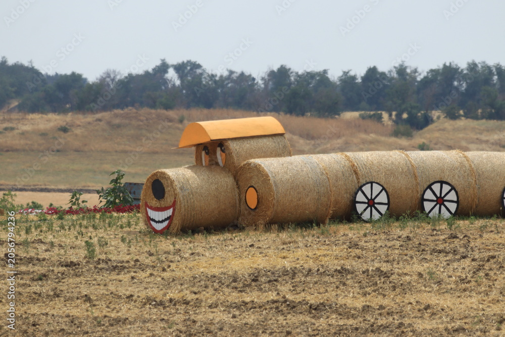 Obraz premium A dog-shaped installation made from straw bales in a field on a summer day