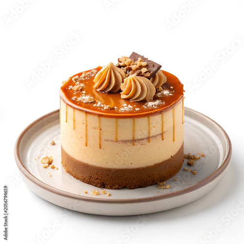 Delicious cheesecake, caramel dessert, creamy cake, sweet treat isolated on White Background