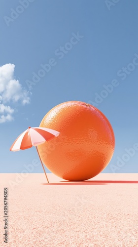 Giant orange rests on pastel surface with beach umbrella