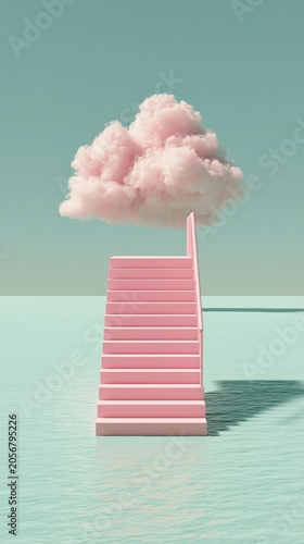 Pink staircase in pastel water leads to a pink cloud