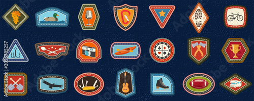 Vintage Outdoor Adventure Patch Collection. Retro Embroidered Camping, Hiking and Recreation Badge Set Vector Illustration. Classic Travel, Wildlife and Outdoor Activity Patches for Apparel, Branding