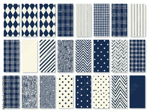 Blue and beige geometric pattern collection, seamless abstract textured backgrounds
