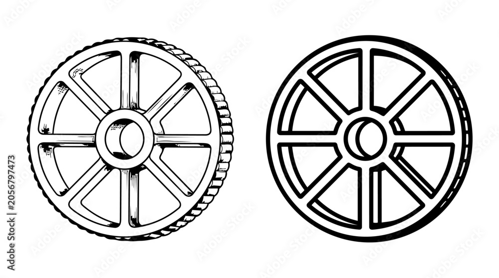 Obraz premium Detailed sketches of spoked wheels with central hubs on a white background