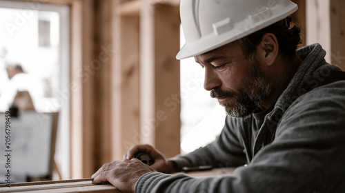 Building contractor measures the header span above a basement egress window cutout using a steel tape, framing nailer and temporary support posts visible in the studs as an