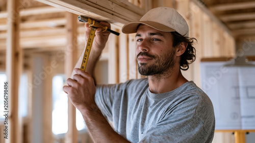 Building contractor measures the header span above a basement egress window cutout using a steel tape, framing nailer and temporary support posts visible in the studs as an