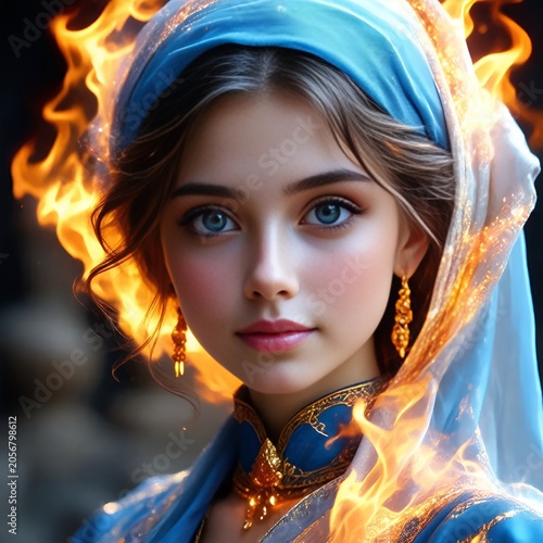 Artistic illustration: a sweet woman in the form of fire. An element of nature.