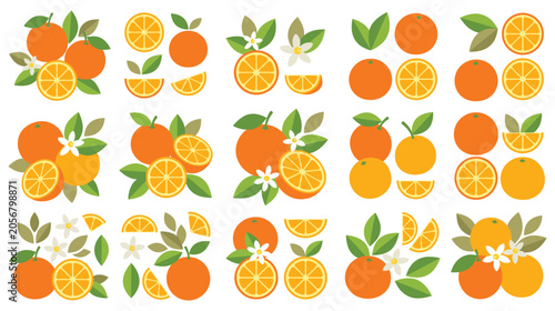 Fotografie Fresh orange fruit collection with leaves and blossoms.