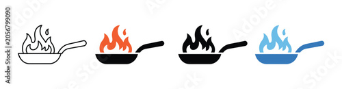 Photos Cooking pan icons with fire flames in linear and solid vector styles, designed for culinary projects, restaurant branding, food services, and website interfaces