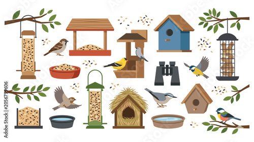 Quadro su tela Various bird feeders and birds in garden setting.