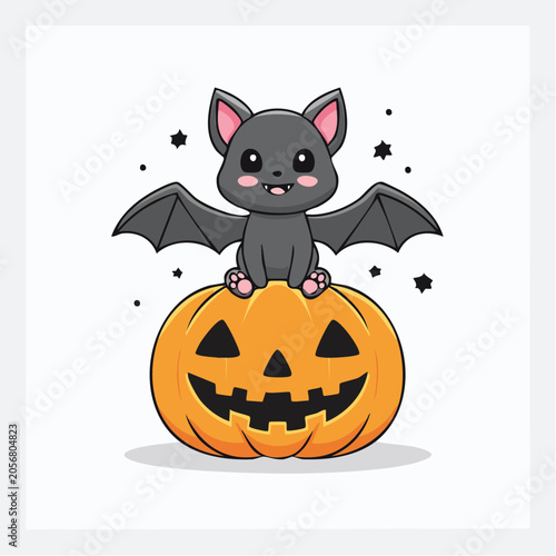 Cute Halloween Bat Sitting on Jack-o'-Lantern