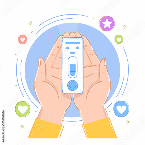 Hands holding pregnancy test with positive result and social media icons