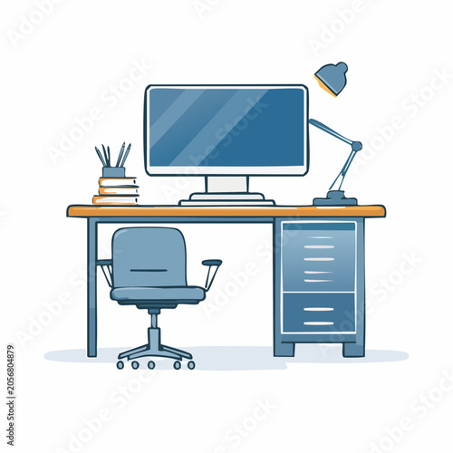Illustration of a modern office desk with computer and chair