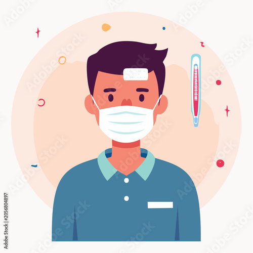 Man with face mask and thermometer, indicating illness or fever