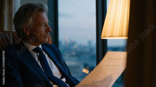 Quantitative easing policy briefing moment, senior economist at rain-streaked government office window studying printed monetary supply chart, twilight blue hour sky behind city