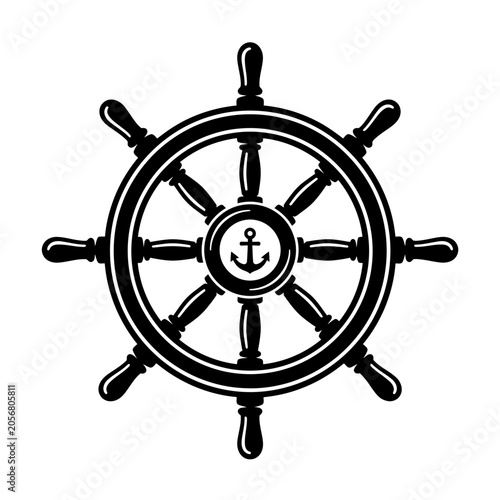 Black ship helm wheel with anchor.