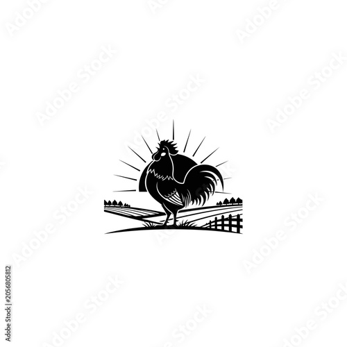 Black Rooster Illustration with Sun.