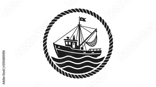 Black silhouette of a fishing boat.