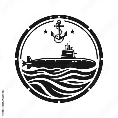 Black submarine in circle with anchor.