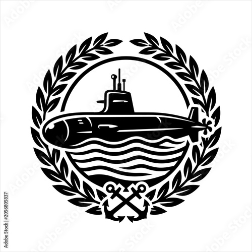 Black submarine icon with laurel wreath.