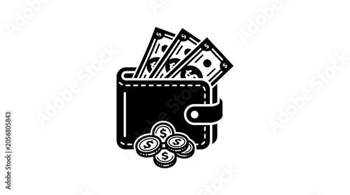 Black wallet with cash and coins.
