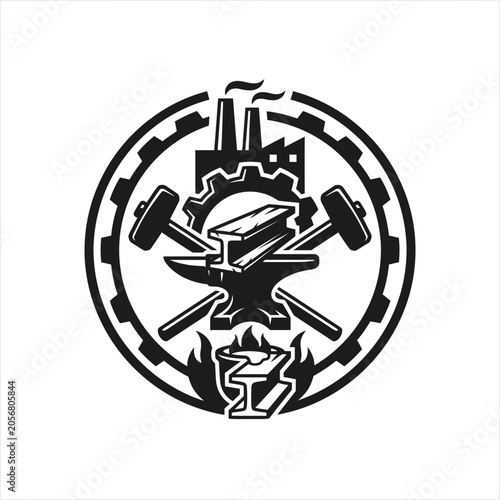 Blacksmith tools and industrial emblem.
