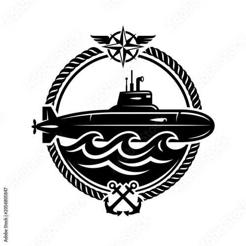 Black submarine icon with naval symbols.