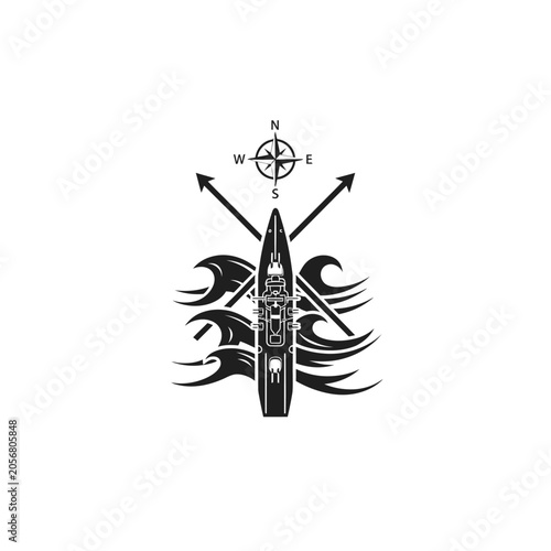 Black surfboard with compass design.