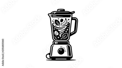 Blender with fruit and vegetables inside.