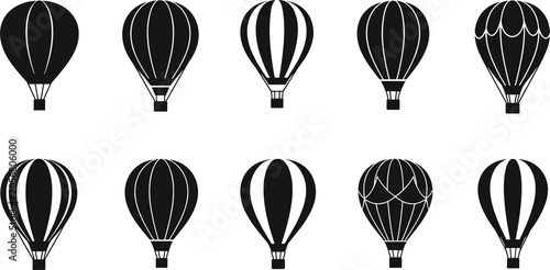 Hot air balloon silhouette icons, travel vector set, adventure design illustration, sky flight art, tourism concept, aeronautical graphic, freedom decor